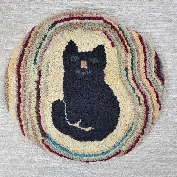VTG Black Cat Fays Garret Seat Cushion Rug Round Hand Hook Loop Signed Folk Art - Picture 11 of 16